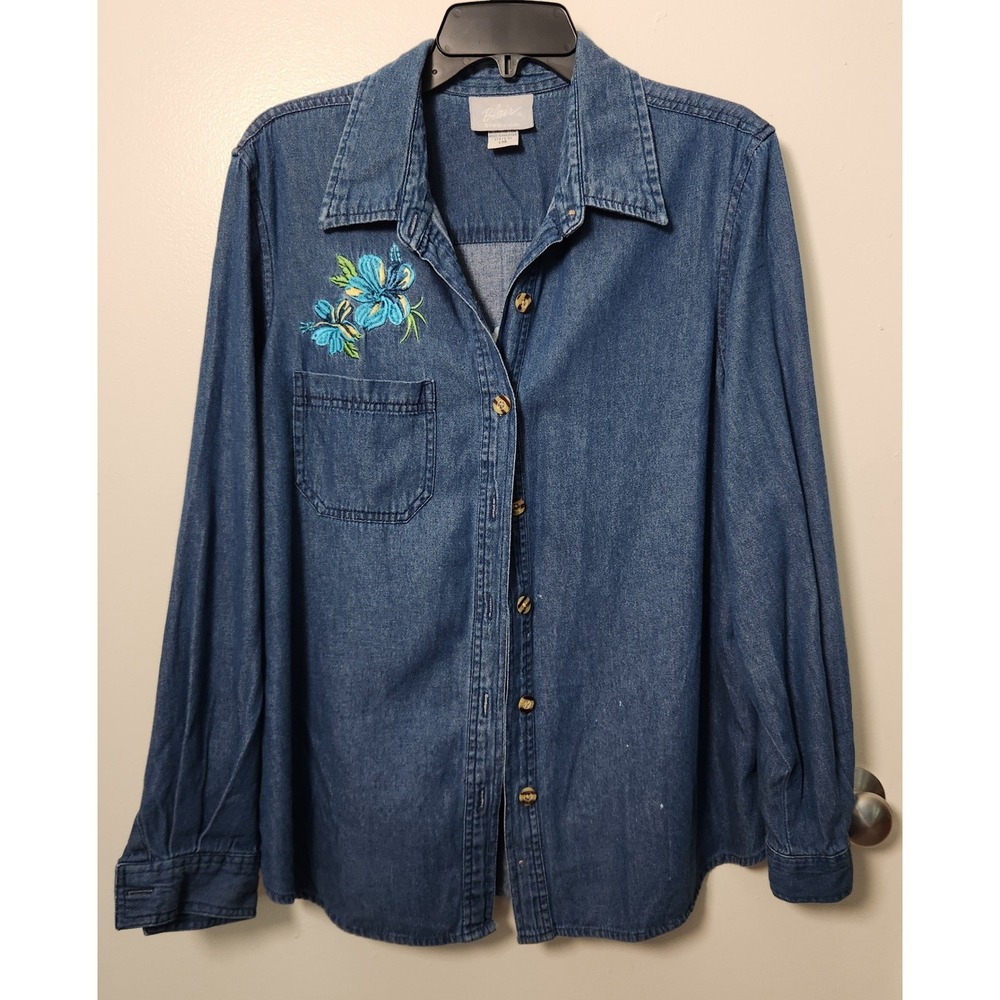 Vtg Blair Women's Denim 100% Cotton Lrg Embroidered Floral Button Down Shirt